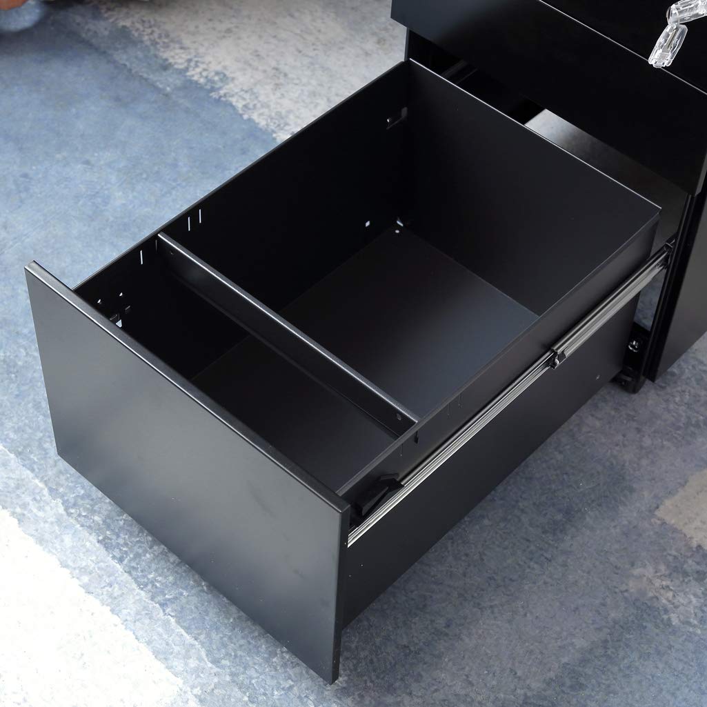 Loywe Cassettiera da Ufficio con Ruote e serratura, inclusi 3 cassetti, Contenitore per ufficio con meccanismo antiribaltamento per A4 Documenti e Cancelleria 39 x 50 x 60 cm Nero LWB020-S