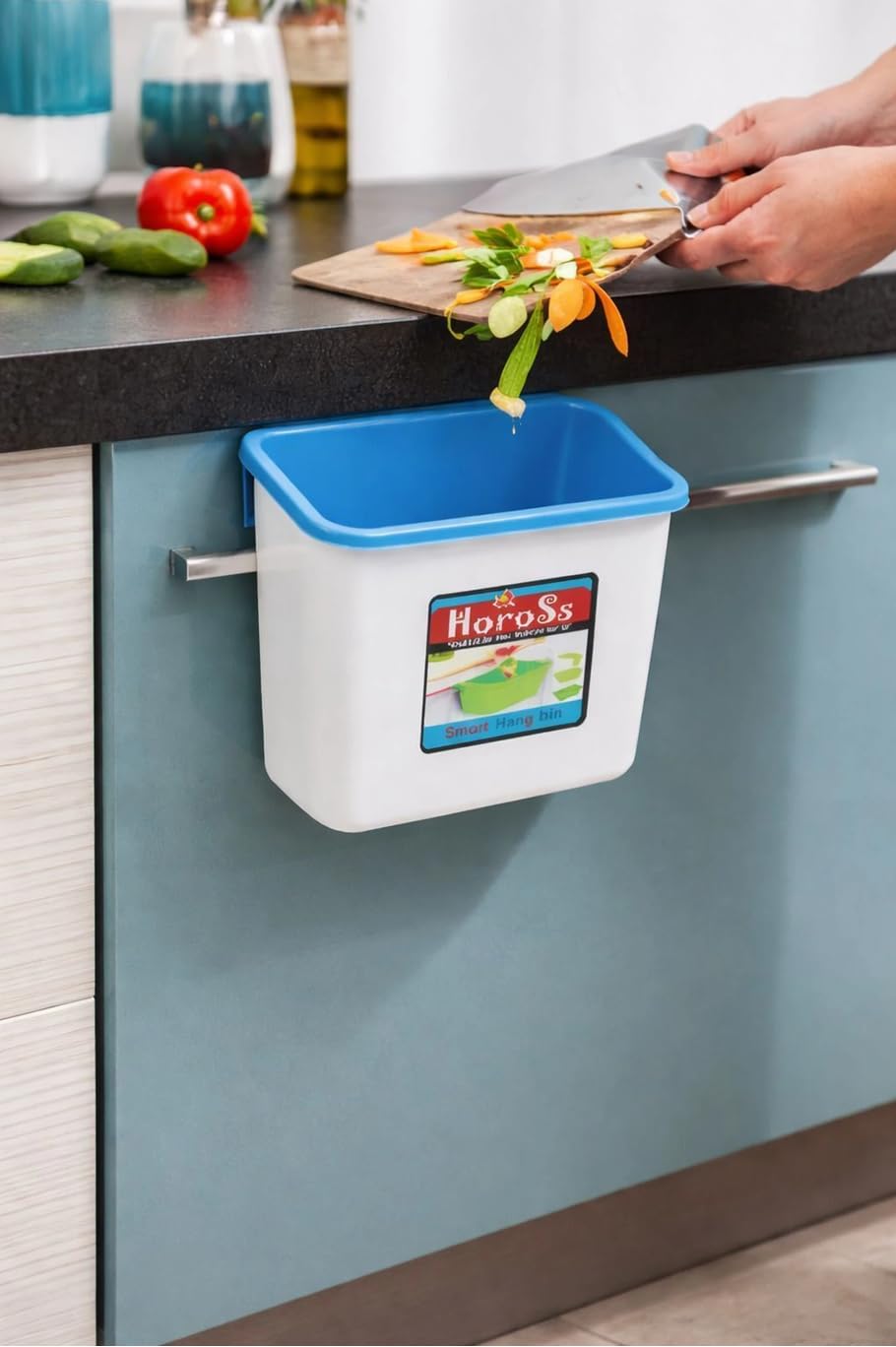 Smart Hang Bin Hanging Trash Can for Kitchen Cabinet | Door-Mounted Design, Waste Segregation, Space-Saving, Plastic Body, Blue & White-image-33