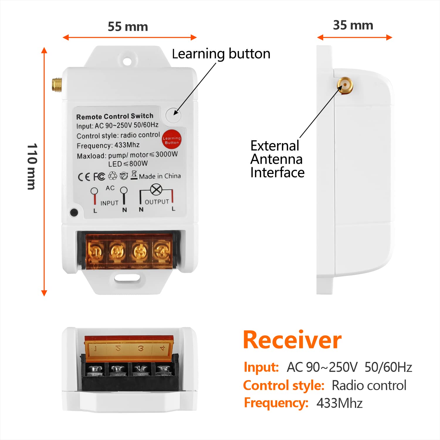 DieseRC Interrupteur de Télécommande de Pompe Moteur sans fil Récepteur Relais AC 230V 220V 3000W et 2 émetteurs Plage de Contrôle Jusqu'à 100~300 mètres pour Lumières Pompe à eau Moteur