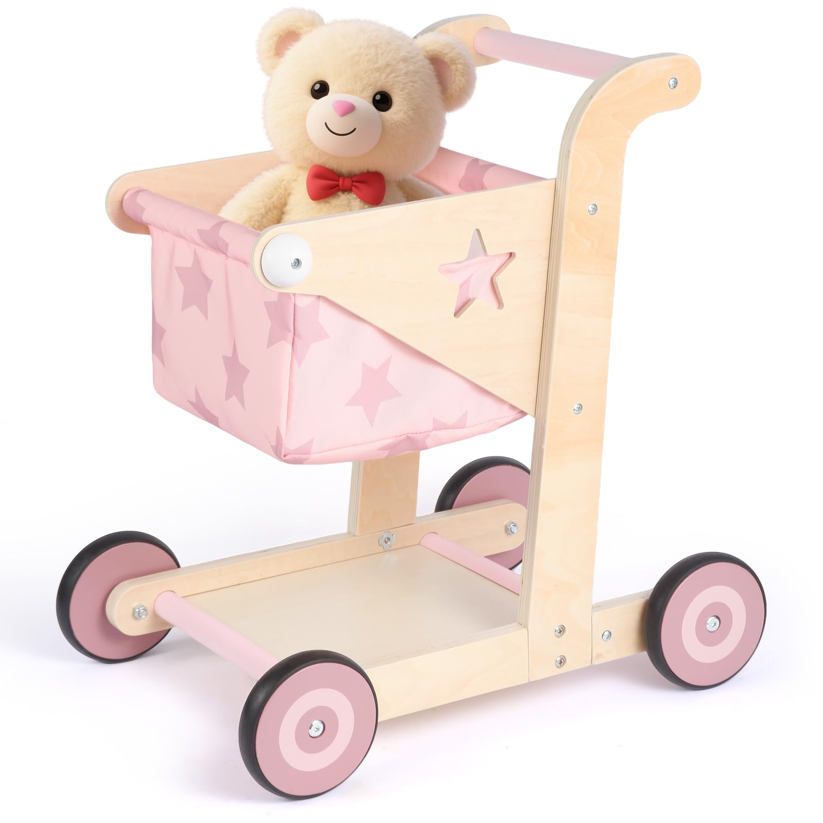 Asweets 2En1 Trotteur en Bois pour Bébé, Poussette pour Poupée, Chariot de Courses pour Garçons et Filles, Jouet d'Apprentissage Assis-Debout pour Tout-Petits (Rose)