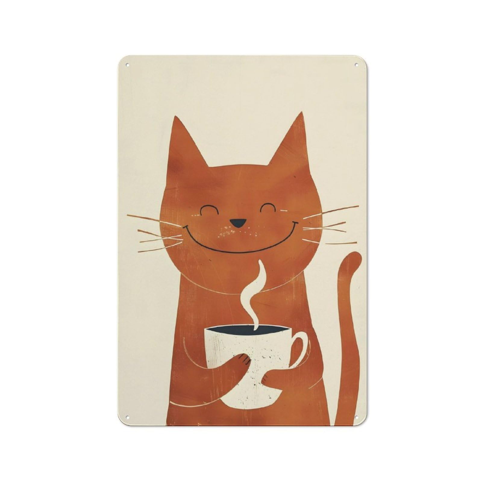 Junmoney Smiling Cat With Coffee Retro Metal Wall Sign 30X20cm For Studio Or Craft Room, For Metal Sign Collectors, For Garage And Workshop Walls