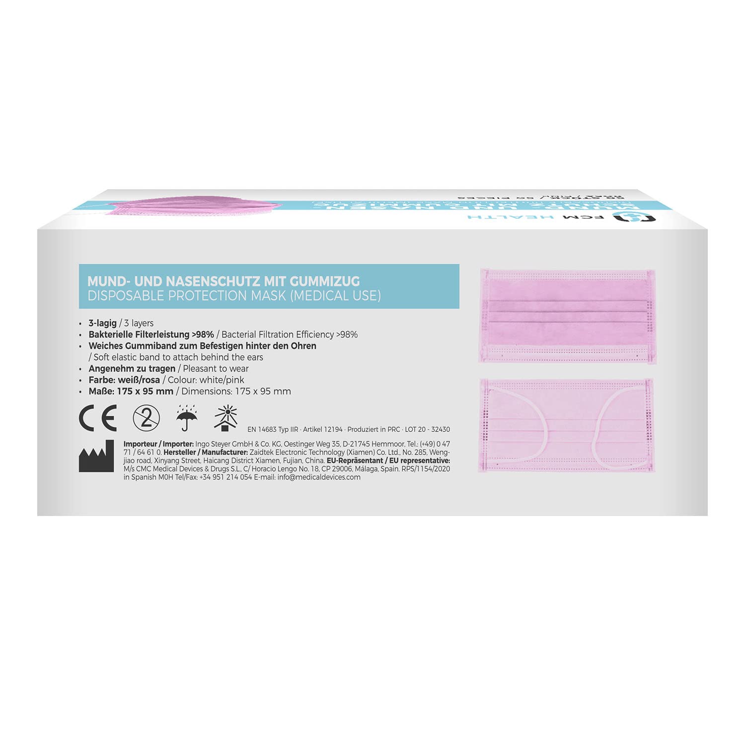 Mea Vita medizinischer Einweg Mund- und Nasenschutz Typ IIR, 200er Pack, 3-lagig, EN-14683, Einweg Maske, Gummizug (Rosa)