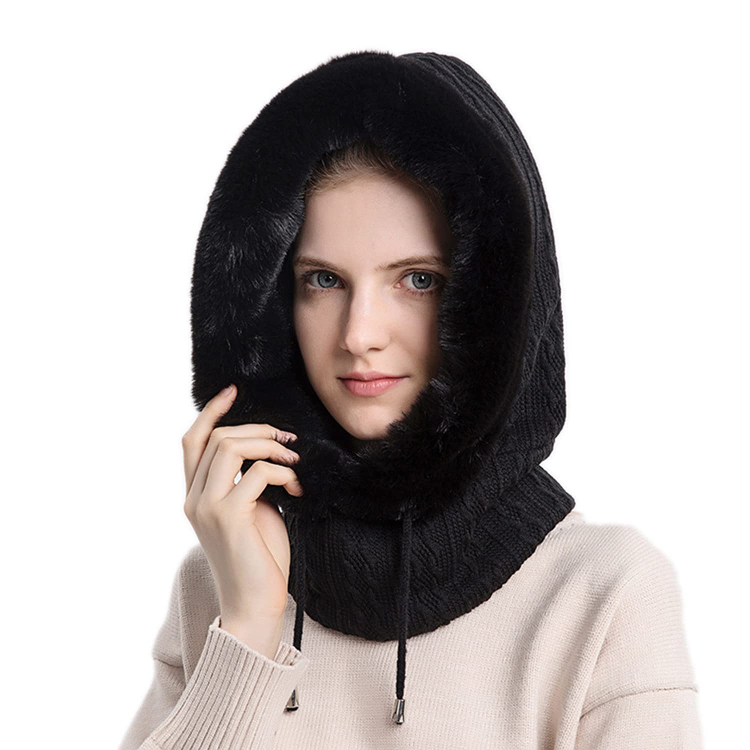 PALAY® Winter Caps for Women Girls One-Piece Knit Thick Warm Winter Hat with Neck Hood Scarf & Windproof Mask, Fashion Snow Proof Fleece Lined Winter Hat for Outdoor Riding Skiing, etc-image-30