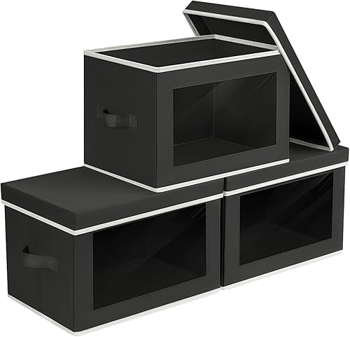 Vista 17 de Contenedores de almacenamiento con tapas, contenedores de almacenamiento de tela con ventana, cestas plegables para estantes, paquete de 4, cajas
