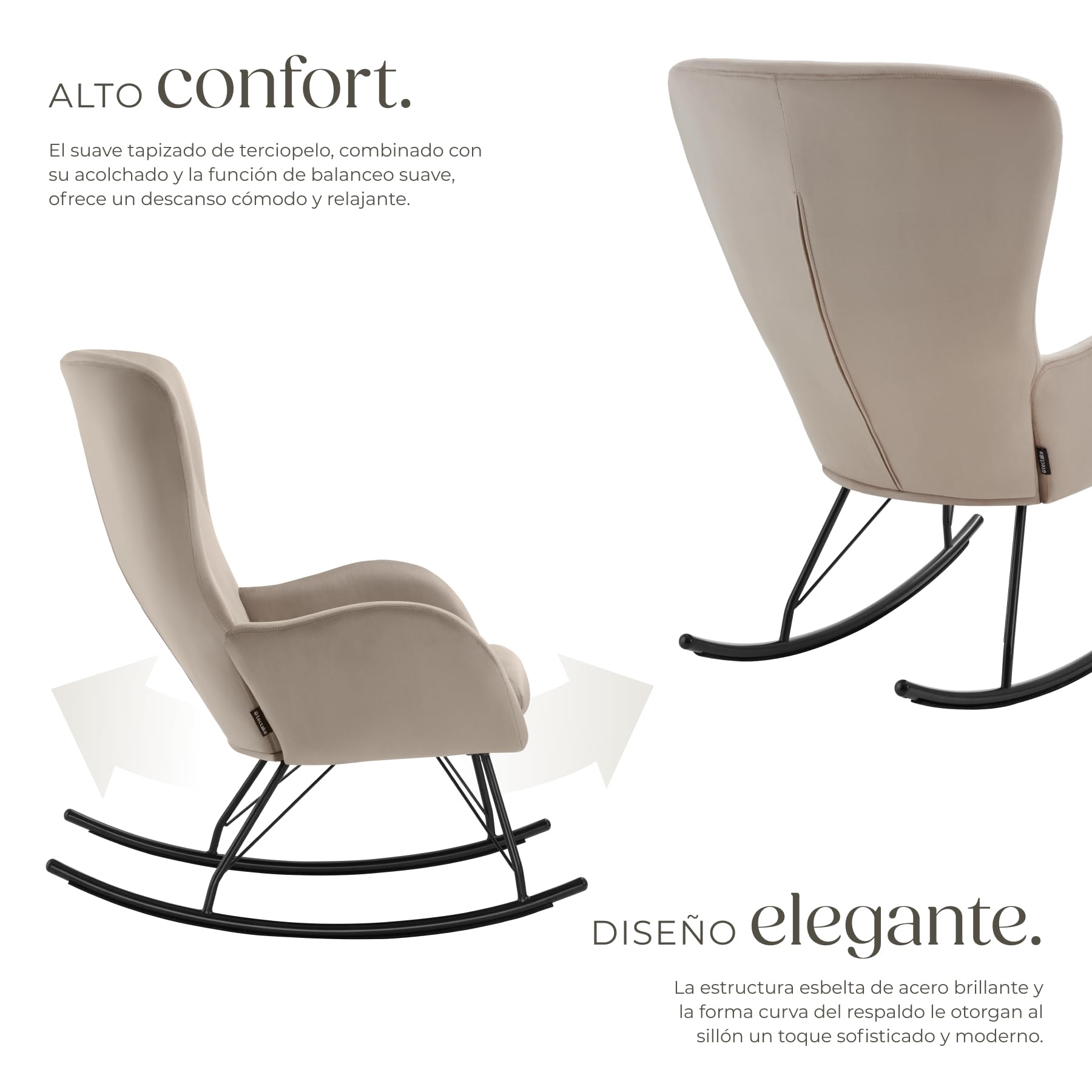 tectake® Mecedora con Respaldo Grande y cojín extraíble, Acolchado Grueso, Estructura de Acero Resistente, sillón, Silla Relax, butaca Dormitorio, Mecedora Lactancia - Negro/Gris Pardo