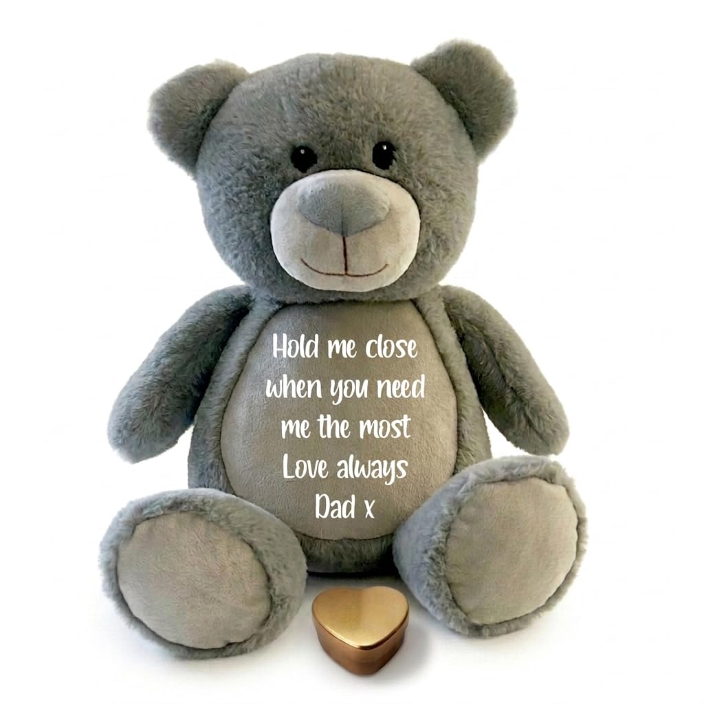 Large Personalised Ashes Keepsake Memory Teddy Bear – Grey | Bereavement Memorial Gift | Metal Heart Shaped Tin Ashes Urn | Soft & Luxurious Remembrance Teddy Bear Grief Keepsake | 42cm Tall