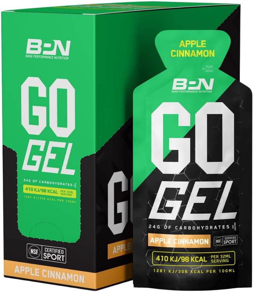 BARE PERFORMANCE NUTRITION, BPN Go Gel Gel, Vegan + Gluten Free Running Gel with 24g of Carbohydrates & 100 Calories per Gel Pack, 10 Single-Serving Gel Packs, Apple Cinnamon
