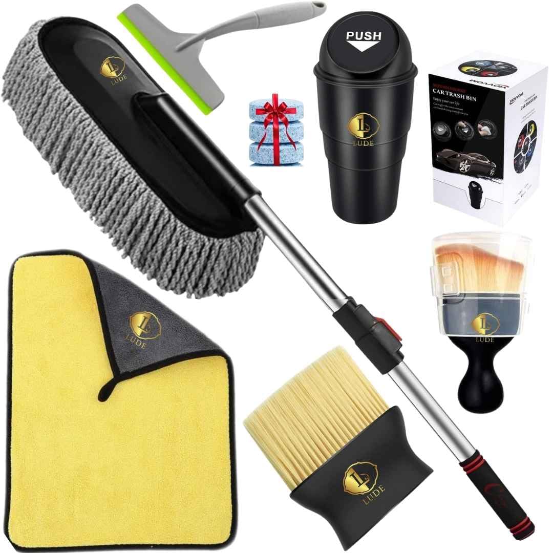 LUDE Premium Car Cleaning Accessories -Long Handle Duster Microfiber Brush for Interior & Exterior dust,Scratch-Free 800 GSM Microfiber Cloth, Car Dustbin, AC Vent Cleaner, After Wash Drying Wiper