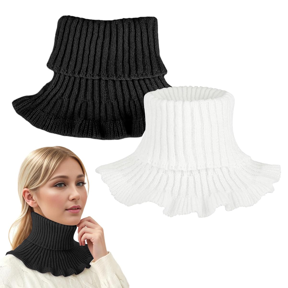 2pcs Knitted Turtle Neck for Women, Fake Collar for Women Winter Wear, Fashion Thermal Sweater Collar with Flounce Hem for Crew Neck Sweaters, Dress, and Blazer-image-2