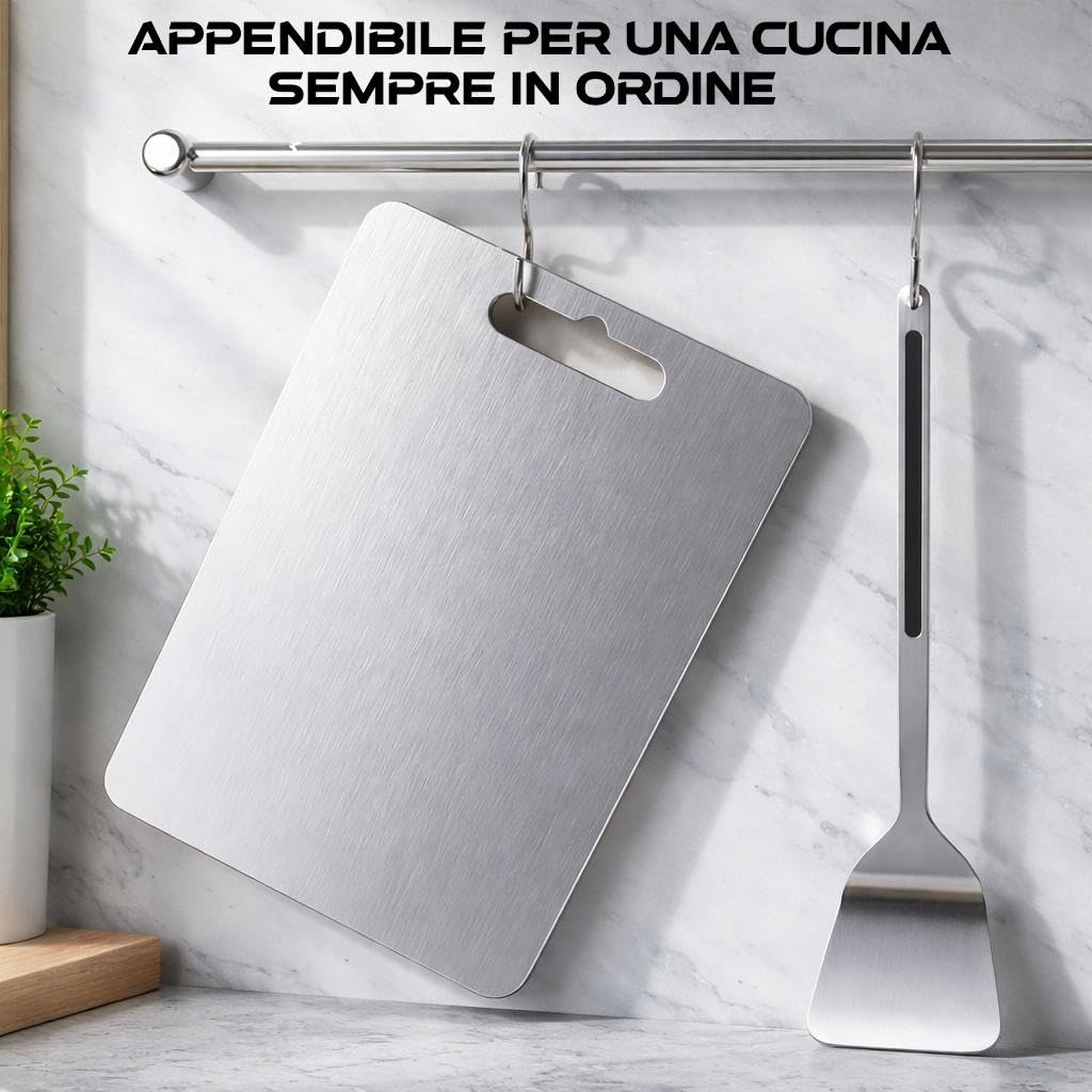 EQTECH Set 3 Taglieri in Acciaio Inox 316 e Titanio per Cucina – 34x23 cm, 29x20 cm e 24x15 cm – Spessore 1 mm – Superficie Non Porosa, Facili da Pulire – Ideali per Carne, Pesce, Frutta e Verdura.