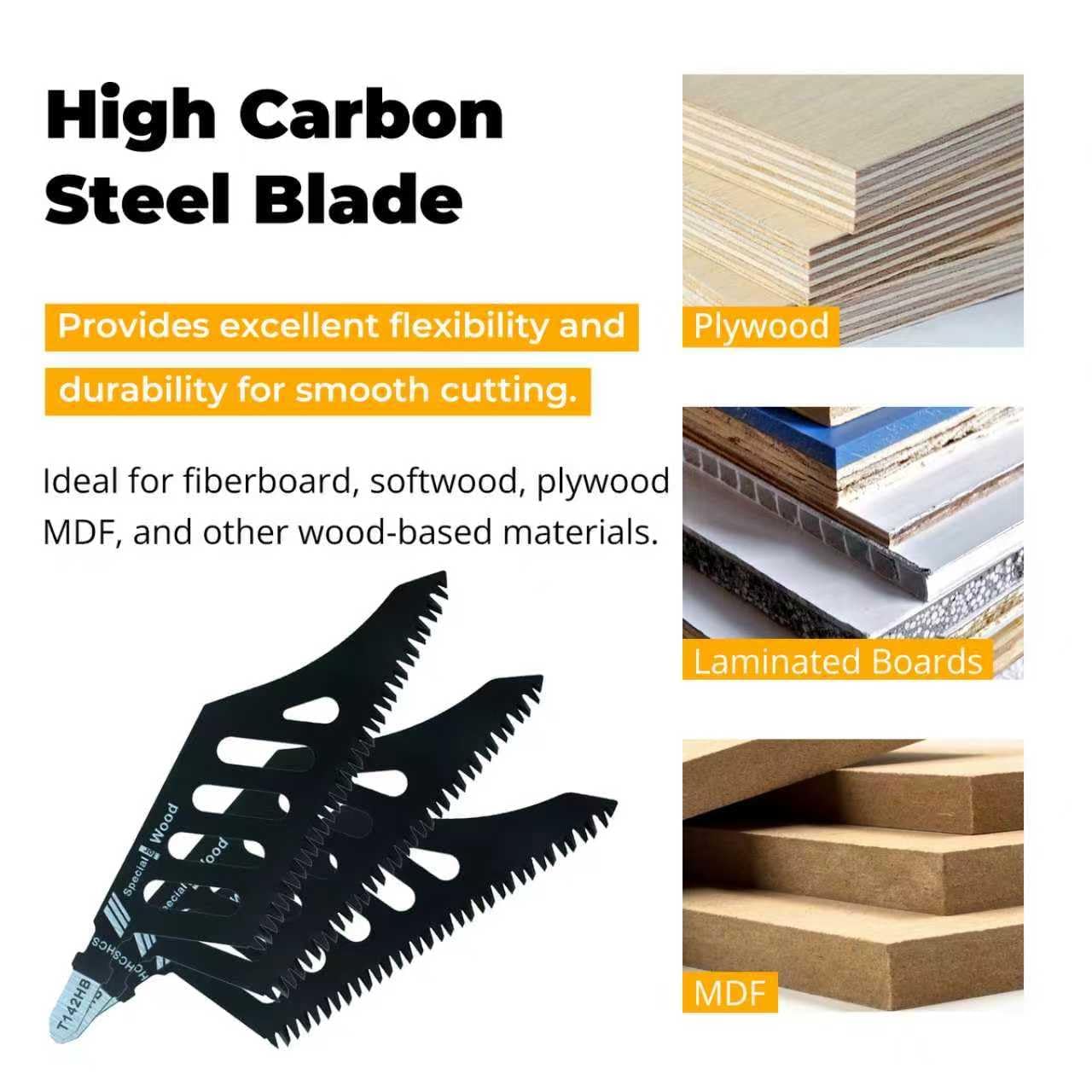 T142HB T-Shank Jigsaw Blades for Wood, 1.26'' Extra-Wide Body for Flush & Stable Straight Cuts, Tri-Ground Teeth, SK5 High Carbon Steel, for Trim & Baseboard, Plywood (5 Pcs)