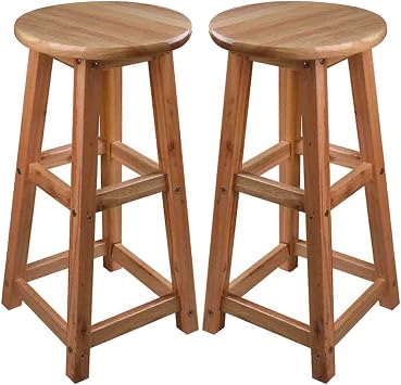 Round Bar Stools Rubber Wood High Chair 2 Pcs, Retro Furniture Kitchen Counter Restaurants Barstools with Footrest, Wood ColorSize60 cm
