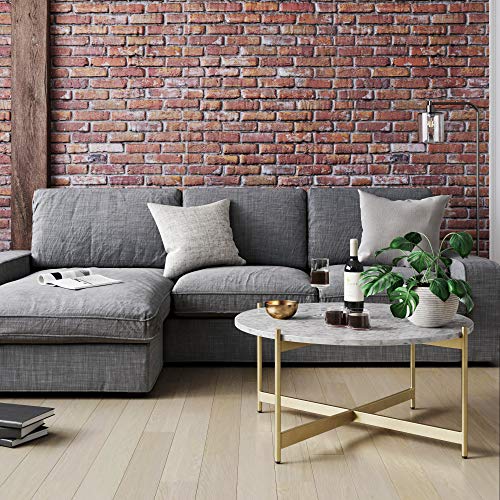 Nathan James Piper Faux White Marble Round Modern Living Accent Side Or Coffee, Sofa Center Table For Dining Room/Tea With Metal Frame, Gold Brass #TOP1
