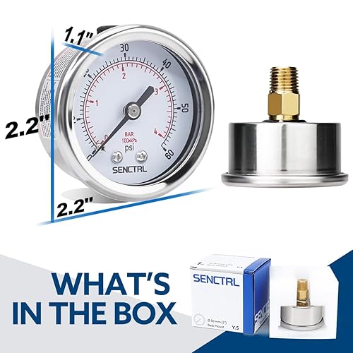 Miniatura 6 de SENCTRL Medidor de presión de 0-60 psi, esfera de 2 pulgadas, montaje trasero de 14 NPT, antiempañamiento, impermeable, caja de acero inoxidable,