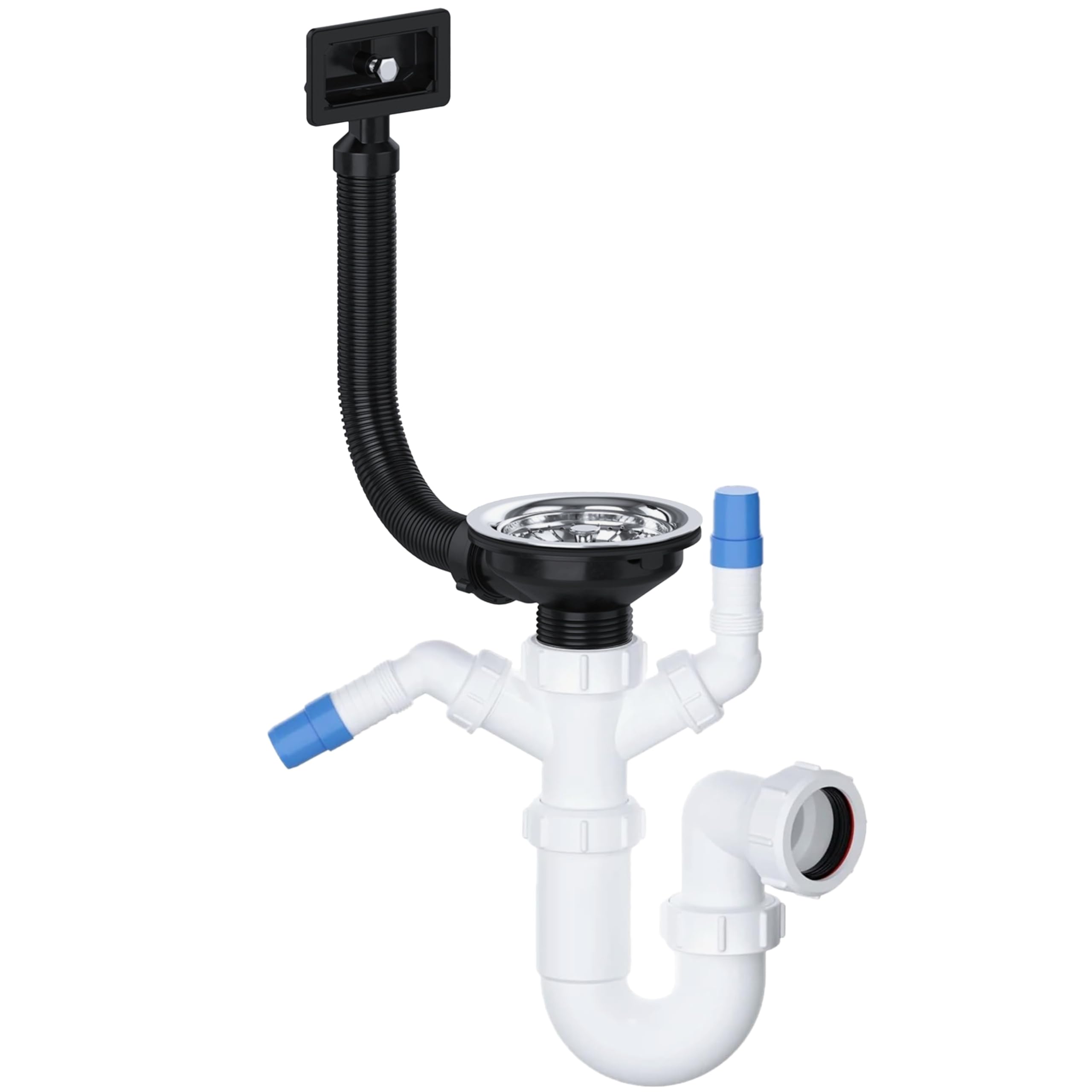 PlumbEZ Kitchen Sink Waste Kit with Rectangular Overflow – 40mm Twin Nozzle P Trap, Basket Strainer Waste, Washing Machine & Dishwasher Connection
