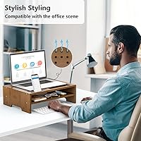 Vista 2 de Soporte elevador para monitor con organizador de almacenamiento de escritorio con agujeros de refrigeración, estante elevador de bambú