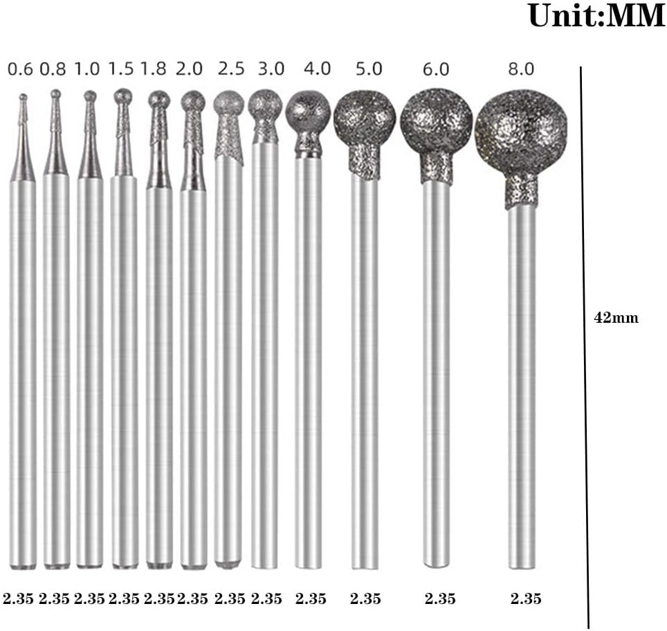 12Pieces/Set Ball Sphere Head Diamond Burr Engraving Bits Point Carving Polishing Burr Engraving Bits for DIY Woodworking Engraving Metal Carving Drilling Polishing of 12 Burr Sizes 0.5MM-8MM - Image 3