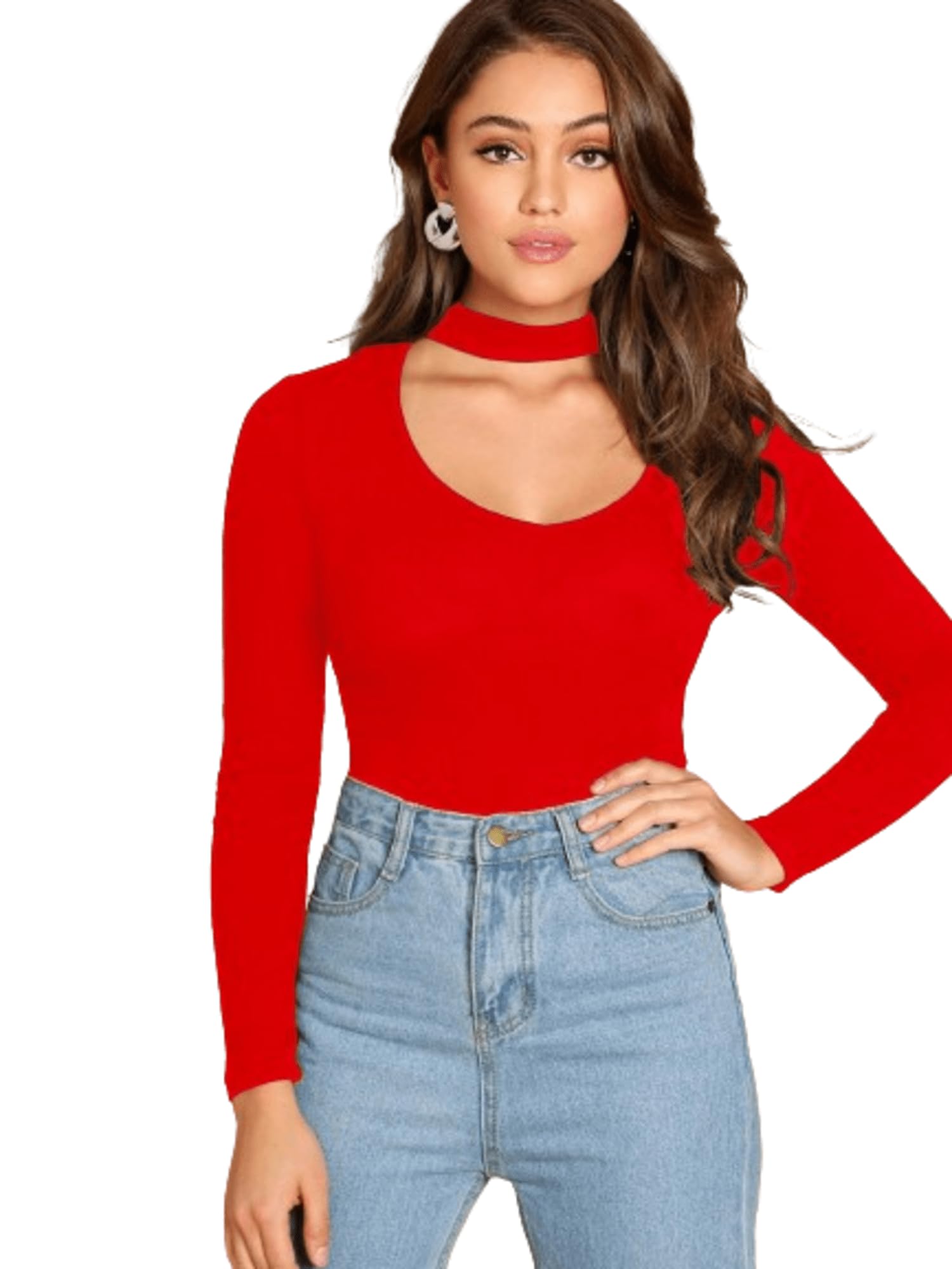 kvinner Solid Cut Out Wrap Front Choker Neck Cotton Fitted Long Sleeve T_Shirt Tops for Women's & Girl's-picture-10