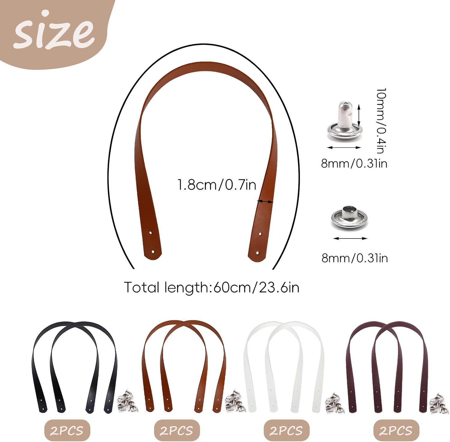 8Pcs PU Leather Straps for Handbag, Handbag Handle Belt, 60cm/24 inch Leather Bag Straps with Iron Rivets, Purse Handles for Bag Making Supplies