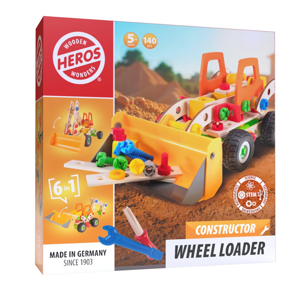HEROS Constructor HE0011-6 in 1 Radlader, 140 Teile | Holz-Konstruktionsspielzeug mit Werkzeug, 6 verschiedene Baustellenfahrzeuge, FSC®-zertifiziert, Made in Germany, 5+