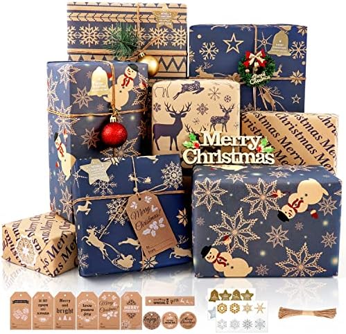Christmas Wrapping Paper Sheets, Navy Blue and Brown Recycled Kraft Gift Wrapping Paper with Tags Stickers, 6 Sheet Xmas Wrapping Paper for Gifts Wrapping Arts Crafts Decorations, 5 Designs, 76 x 50cm