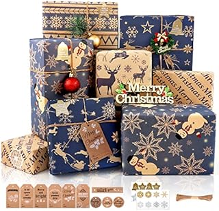 Christmas Wrapping Paper Sheets, Navy Blue and Brown Recycled Kraft Gift Wrapping Paper with Tags Stickers, 6 Sheet Xmas Wrapping Paper for Gifts Wrapping Arts Crafts Decorations, 5 Designs, 76 x 50cm