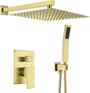 ARRISEA Brushed Gold Shower System Shower Faucet Set with 12 inch Rain Shower Head Handheld Shower, Wall Mounted Mixer Shower Faucet Set Include Built-in Brass Valve and Trim Kit
