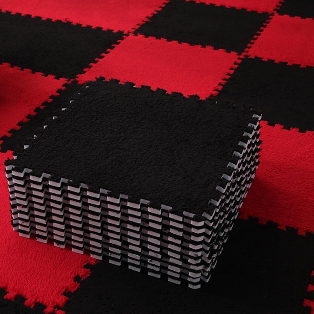 12-Pieces Square Interlocking Shaggy Soft EVA Foam Puzzle Play Mats Fuzzy Carpet Fluffy Area Rugs Set Tiles Plush Play Mat for Home Bedroom Playroom (Black + red,12 * 12inches)