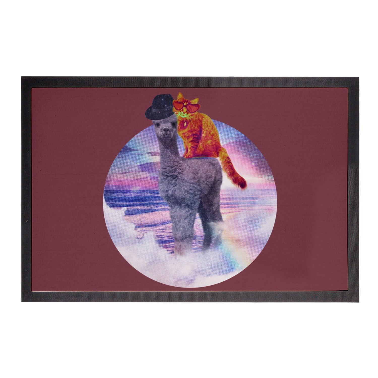 Paillasson rouge collage vintage lama chat art humour 75x50cm