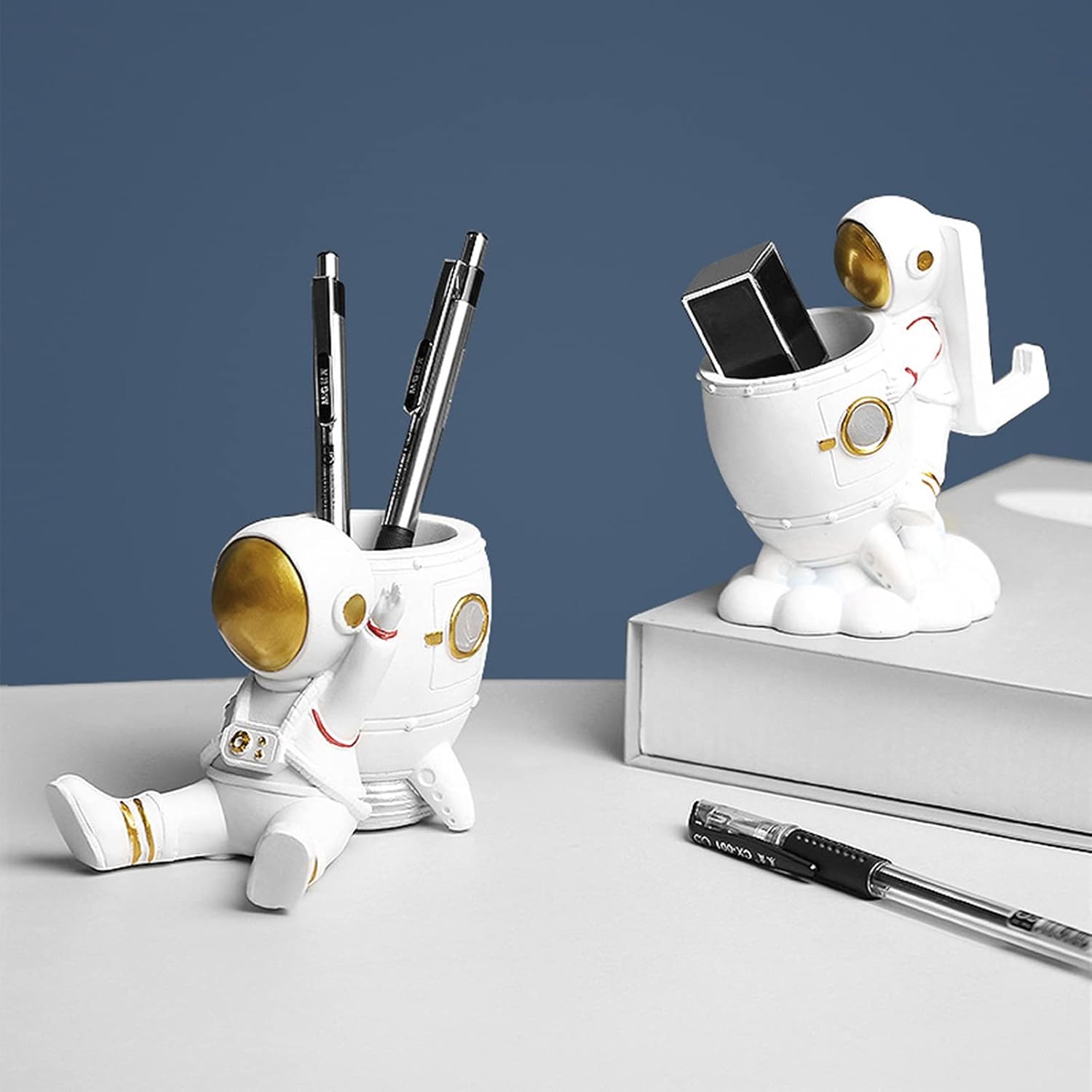 Resin Astronaut Sculpture Pen Holder Pencil Organizer Cosmetic Brush Holder Decorative Pen Box Makeup Brush Pot (B) image 4