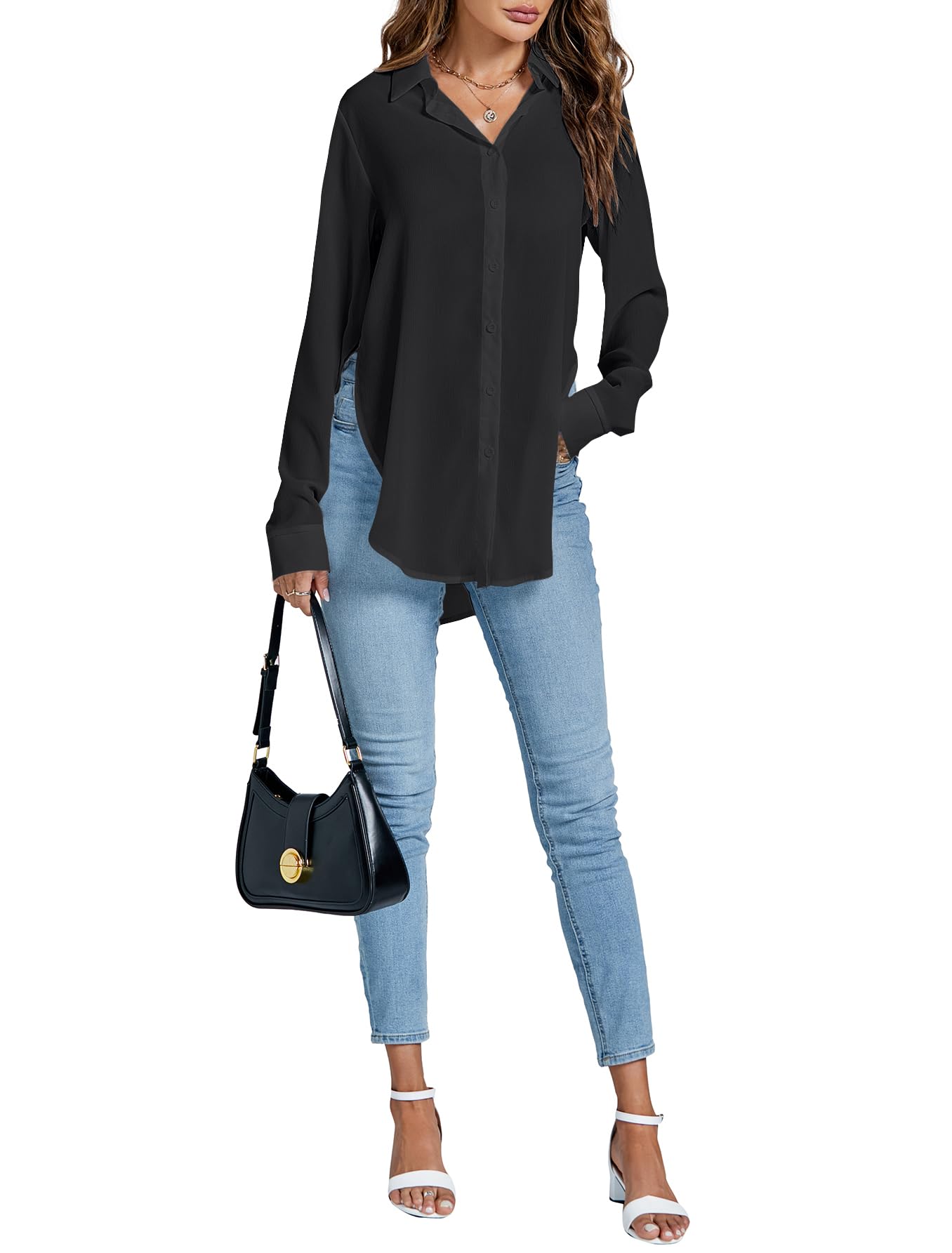 Rooscier Women's Sexy Sheer Collar V Neck Side Slit Long Sleeve Button Shirt Blouse Top