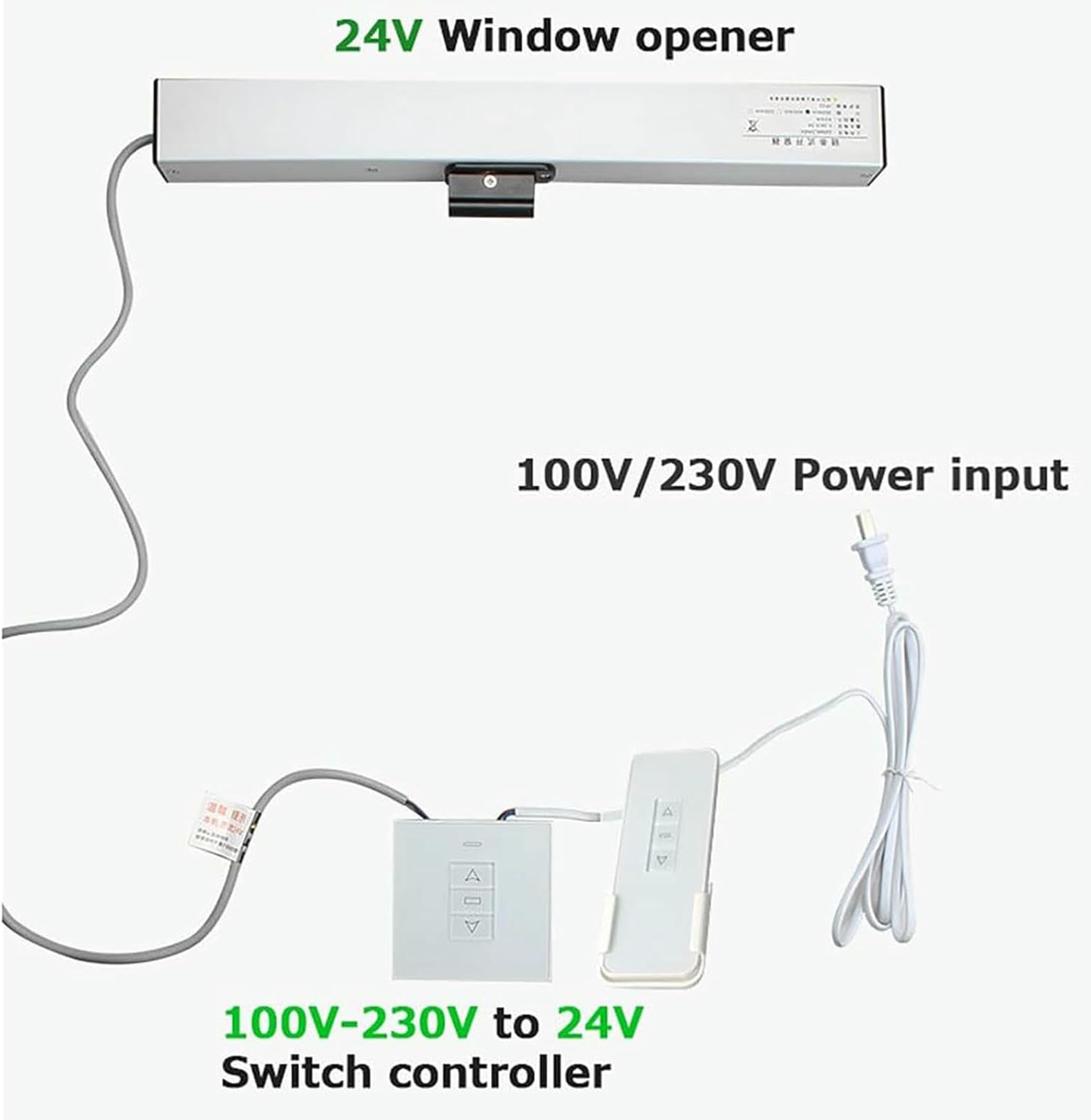 Accionamiento eléctrico para Ventana de Invernadero, diseño de Doble Cadena, con Interruptor de Pared y Control Remoto.