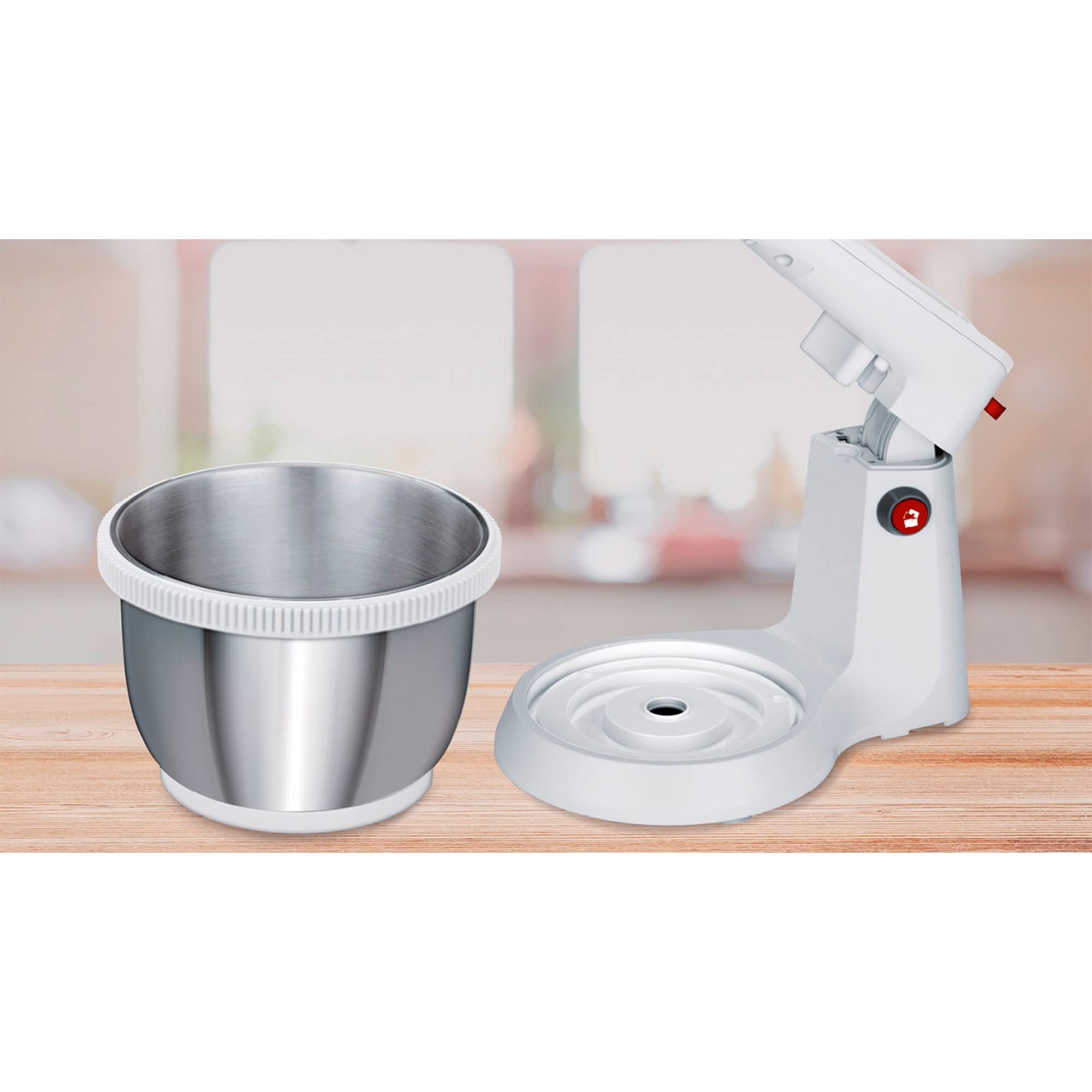 MPM MMR-21Z Mélangeur à Pâtisserie avec Bol Rotative 3,5 L, sans BPA, Robot Pâtissier Boulangerie Cuisine, 5 Vitesses + Turbo, Bol, Tiges et Crochet de Pétrissage en Acier Inoxydable, Blanc, 400W