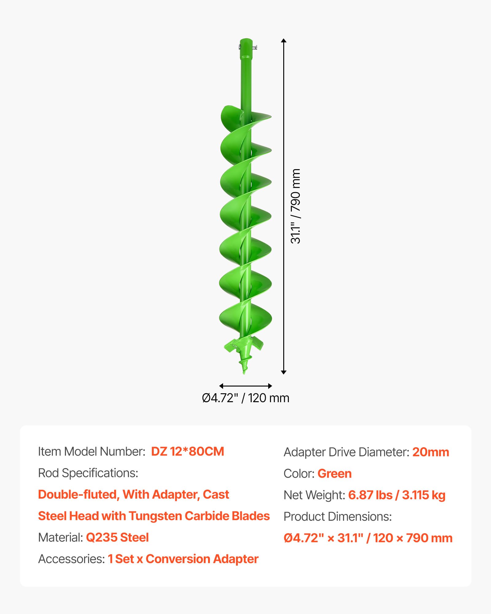 VEVOR Erdbohrer für Bohrmaschine, Ø 790x120 mm Gartenbohrer, kompatibel mit Bohrern mit 20 mm Innendurchmesser, Pfahlbohrer, Durchlässenbohrer, Grabungswerkzeug zum Pflanzen und Bohren