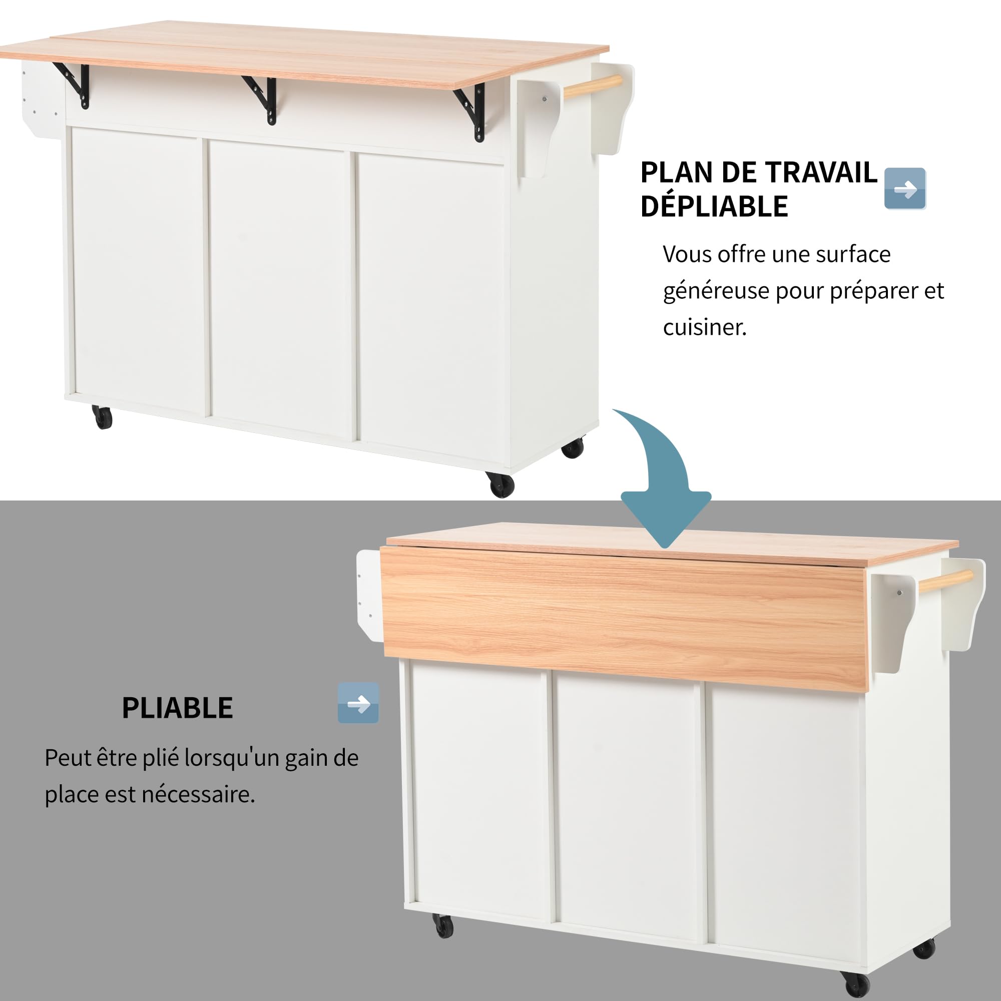 Sapgaks Îles de Cuisine Mobiles 139 x 46 (71) x 91,5 cm avec Plan de Travail Rabattable et étagères intégrées aux Portes,Buffet de Salle à Manger avec 3 tiroirs,Chariot de Cuisine sur roulettes,Blanc