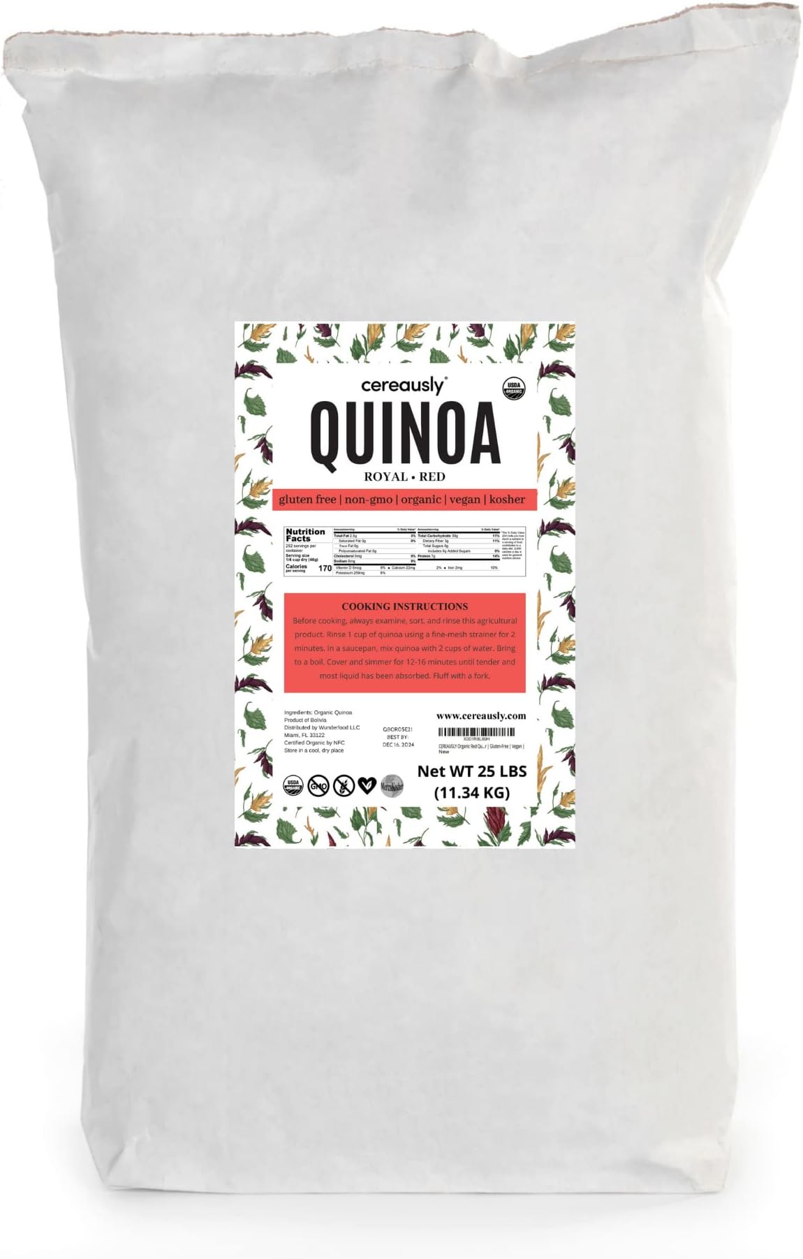 Organic Red Quinoa – Premium Royal Quinoa from Bolivia – Kosher and Non-GMO Quinoa Bulk – Vegan and Gluten-Fee Cooking Quinoa – 25 LB