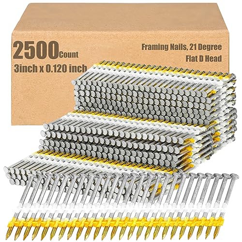 Therwen Framing Nails, 21 Degree, Flat D Head, Galvanized, Ring Shank, Plastic Row Fixed, 21 Degree Framing Nails for Use in All Pressure Treated Lumber (2500 Count,3 Inch X 0.120 Inch)