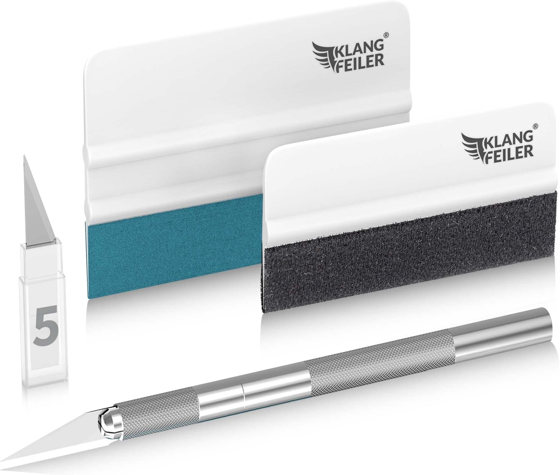 Klangfeiler® Wallpaper Smoothing Tool Kit - for Peel and Stick Wallpaper - 2 squeegees, 5 Blades and Knife