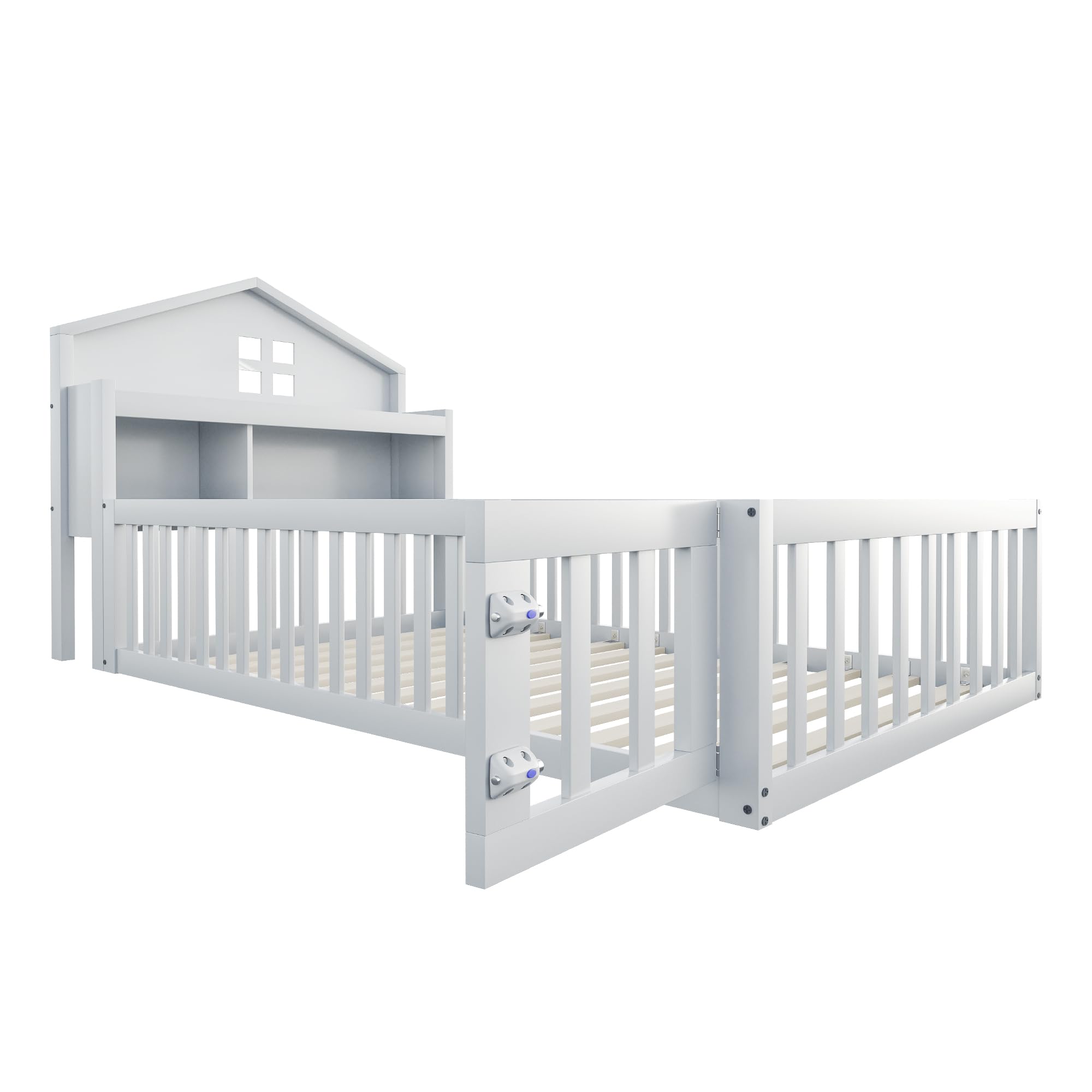 Kinderbett Bodenbett 90x200 cm mit Rausfallschutz&Lattenrost&Tür &Stauraum-Kopfteil&Tafel, Montessori Bett Bed Gitterbett Hausbett Kinder Jugendbett Einzelbett Holzbett Bettgestell, Massivholz, Weiß