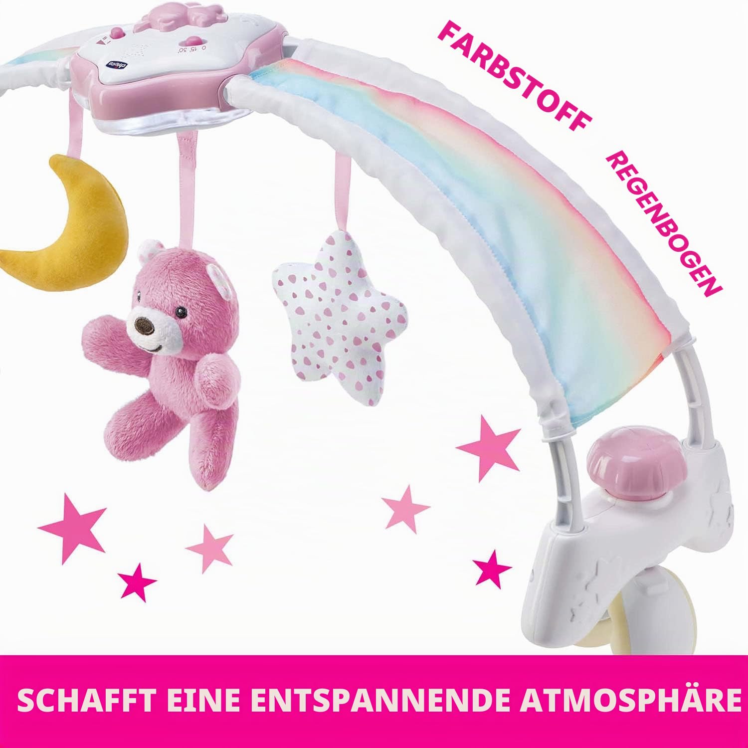 Chicco Regenbogen-Spielbogen für Kinderbett, 2in1 Evolutionskompatibel Next2Me, Babywanne mit Regenbogen und Nachtlicht Kinder mit entspannender Musik und weichen Anhängern - Baby Spiele, ab 0 Monate
