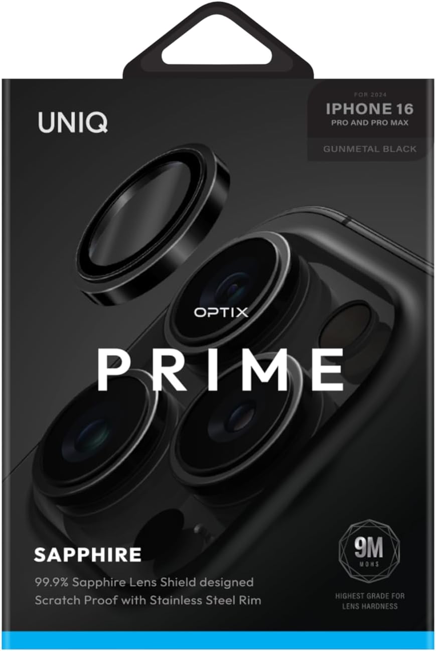 UNIQ OPX Stainless Steel Frame Sapphire Camera Lens Protector Compatible with iPhone 16 Pro & iPhone 16 Pro Max, Gunmetal Black