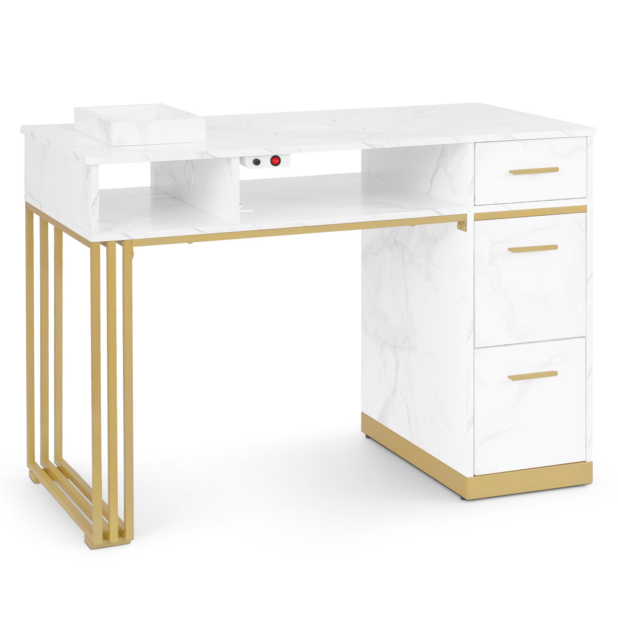 Barberpub tavolo da manicure con 3 cassetti e 2 ripiani, tavolo per unghie con aspirazione, in legno oro bianco in marmo, 57x112x80cm, 2472