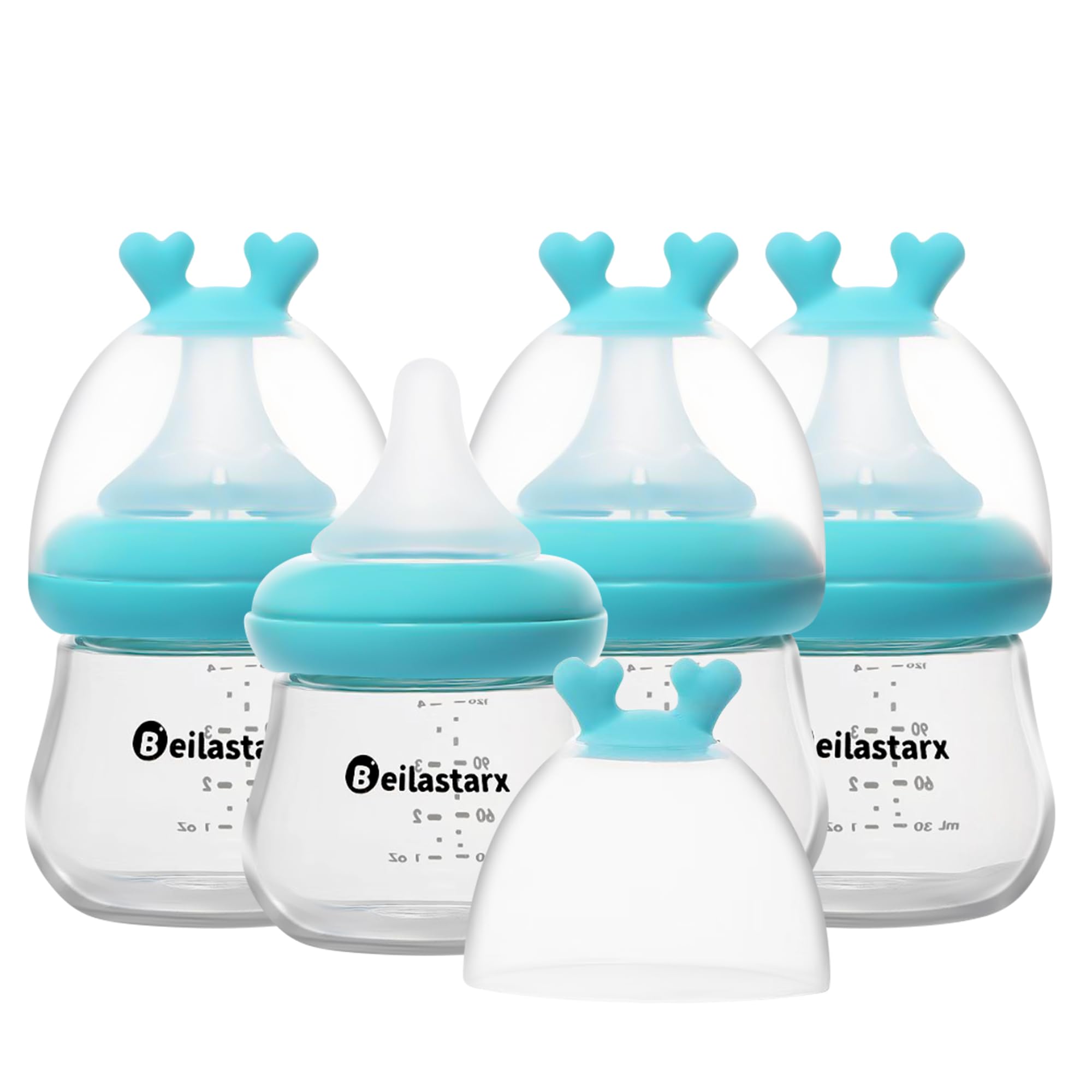 Beilastarx Glass Baby Bottles with Natural Response Nipple Size SS - Anti Colic Baby Bottles Wide Neck Slow Flow Baby Bottle (Blue, 4oz (Pack of 4))