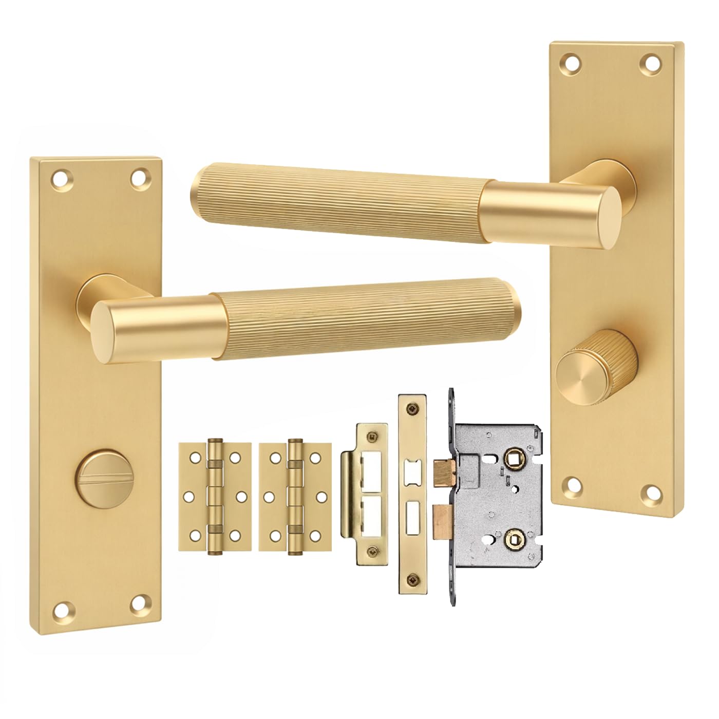 Golden Grace Victorian Linear T-Bar Bathroom Door Handles Bathroom Mortise Lock Hinges Satin Brass Finish 150mm Long