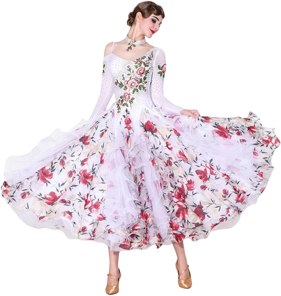 RIKOUZY] 高級 社交ダンス衣装 ドレス 豪華ビーズ フロート袖 ホワイト