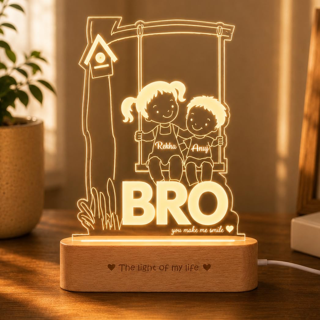 ZOCI VOCI Personalized Rakhi Gift for Brother - Custom Name BRO LED Lamp | Engraved Acrylic Night Lamp | Unique Raksha Bandhan Gift for Brother, Bhai, Siblings | Birthday Gift | Warm White LED