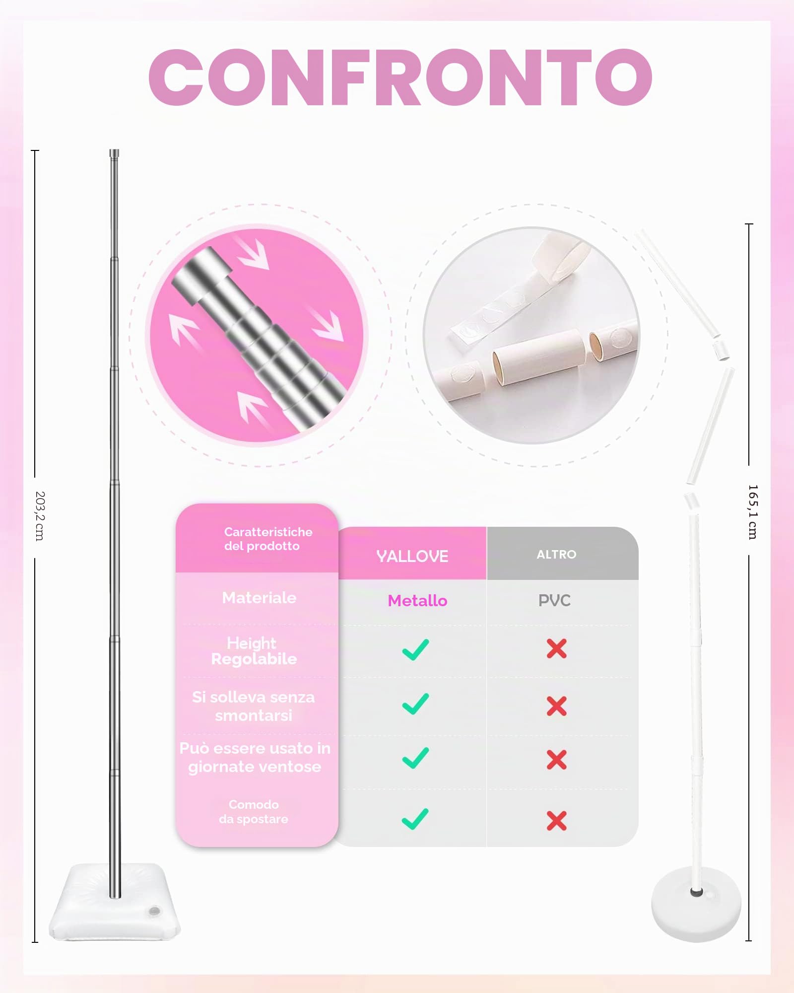YALLOVE Kit di supporto per colonna in metallo, 2 set da 2 m di altezza regolabile con design telescopico riutilizzabile, non usa e getta per compleanni, matrimoni, baby shower