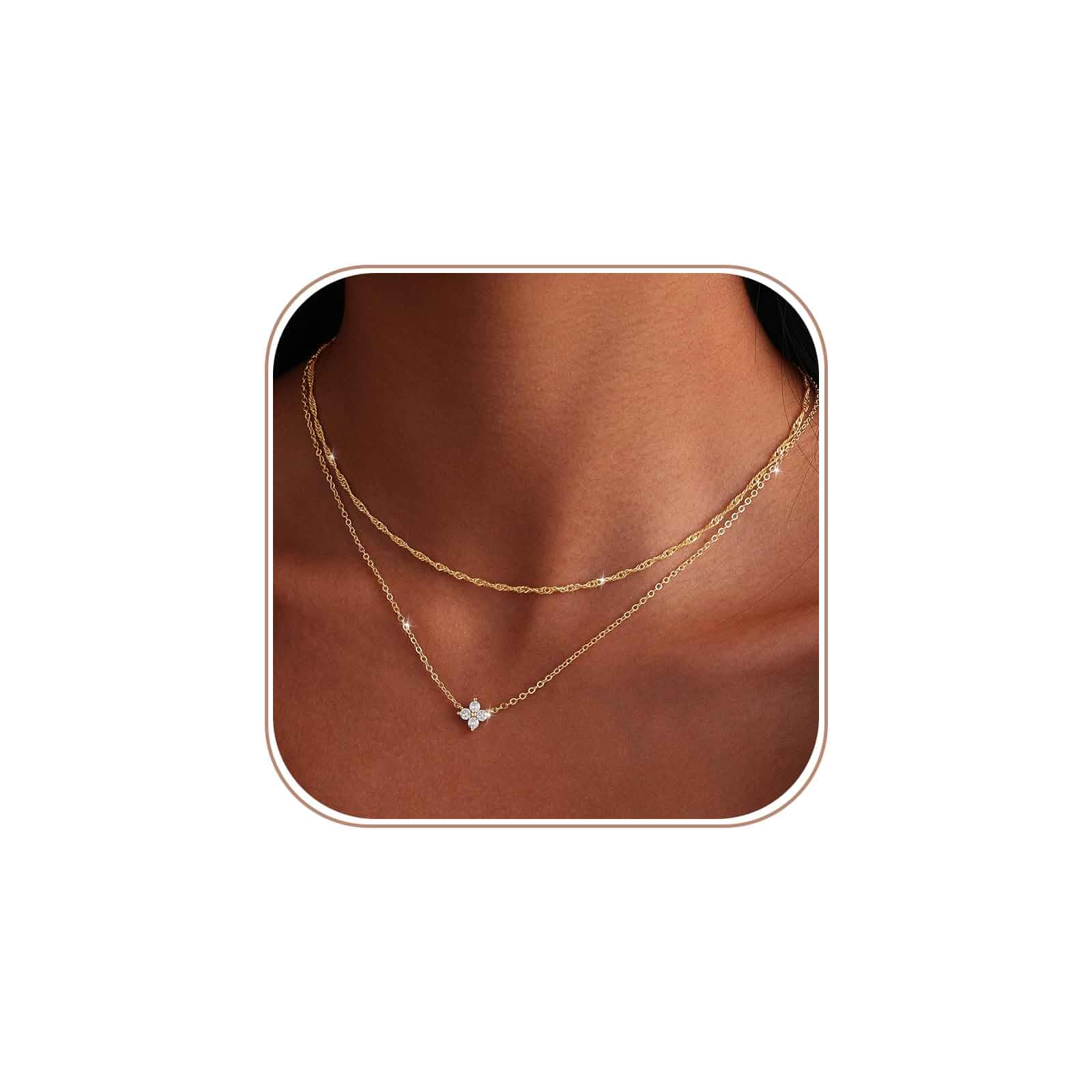MIDEEO Gold Layered Necklaces for Women, 14K Plated Gold Sterling Silver Plated Dainty Pendant Non Tarnish Necklace Set with Cubic Zirconia,Stackable Chain Choker,Trendy Jewelry Gift