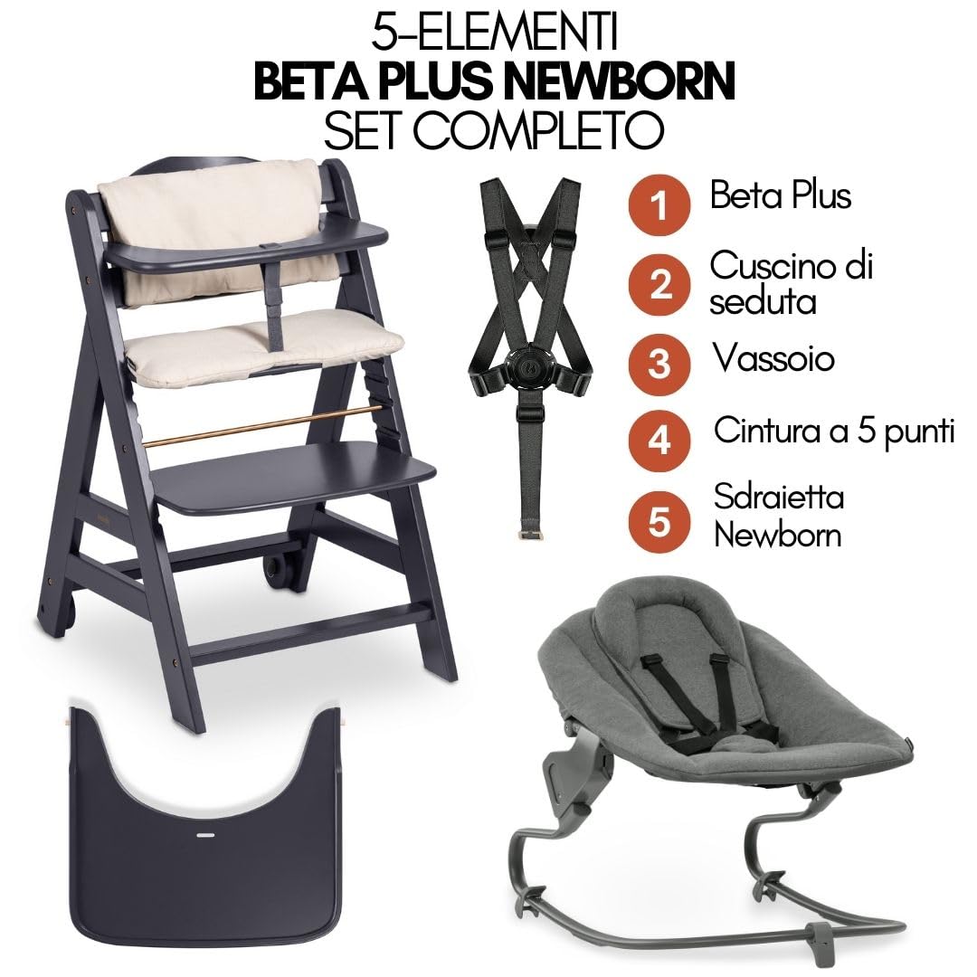 hauck Seggiolone Beta+ Newborn Set Premium da 0 Mesi - Seggiolone Legno Evolutivo, con Sdraietta Neonati (Dondolo Neonati), Cuscino Seduta, Vassoio - Grigio Scuro