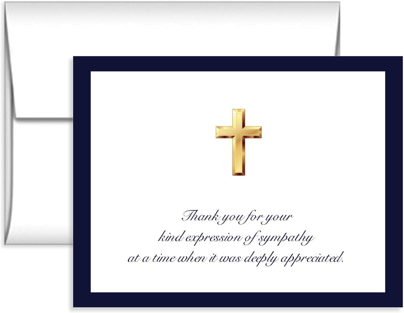 Impressions Religious 50 Cross Sympathy Acknowledgement Cards, Navy border, Cross Funeral Thank you notes, Folded, Includes Envelopes